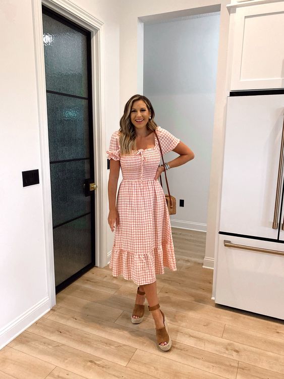 Peach Gingham Midi Dress